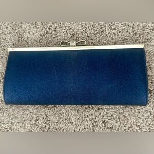 INC International Concepts Navy Blue Metallic Fabric Clutch with Rhinestone Bow